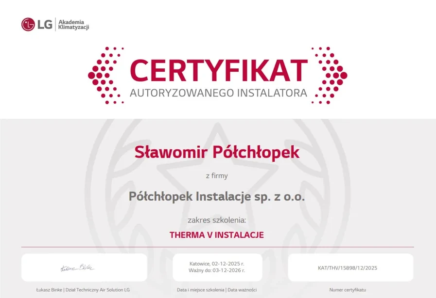 Certyfikat Autoryzowanego Instalatora LG dla Półchłopek Instalacje