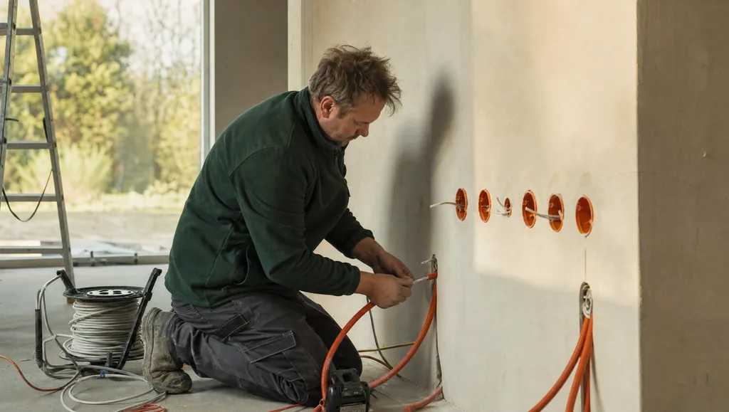Elektryk prowadzi przewody instalacji elektrycznej w nowym domu jednorodzinnym