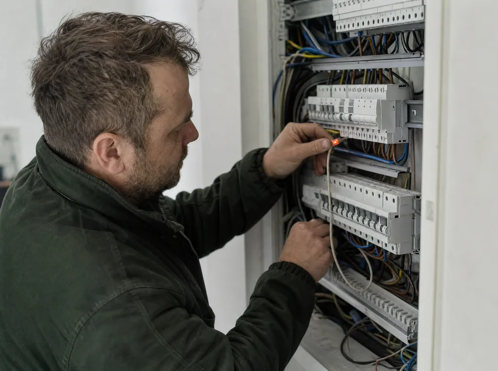 Elektryk montuje rozdzielnicę z wyłącznikami różnicowoprądowymi w nowym domu