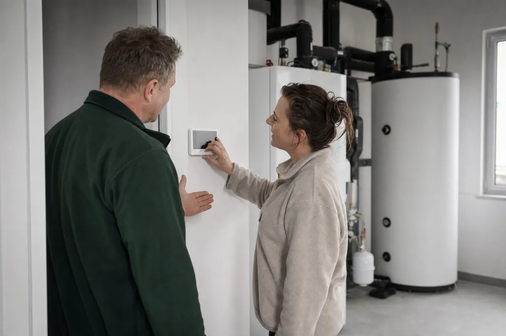 Instalator pokazuje klientce obsługę sterownika pompy ciepła po zakończonym montażu