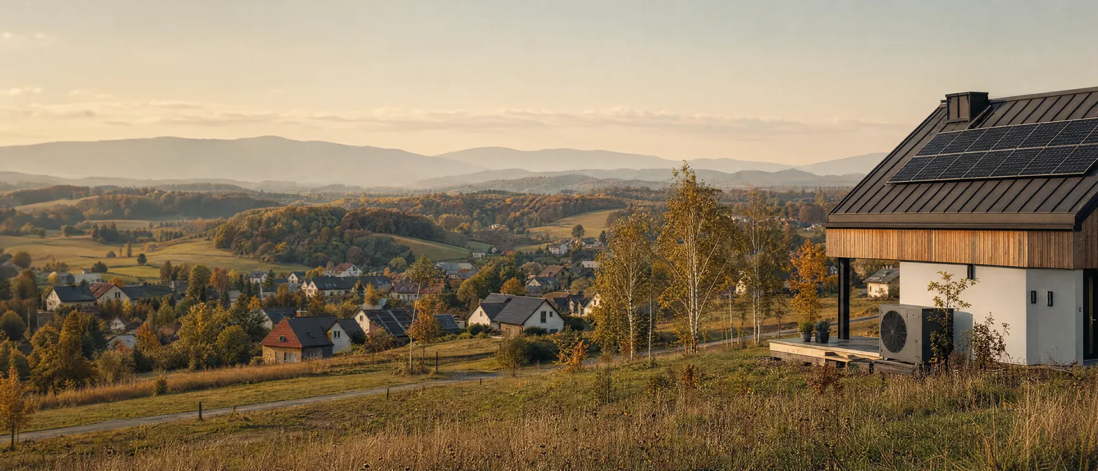Jesienna panorama Podkarpacia: wieś z&nbsp;fotowoltaiką na dachach i&nbsp;nowoczesny dom z&nbsp;pompą ciepła powietrze-woda