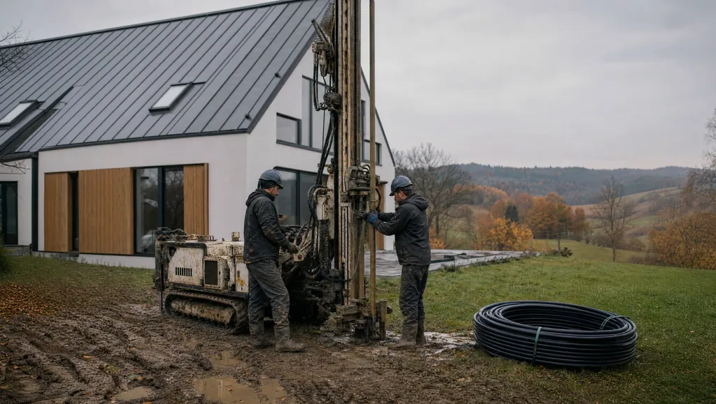 Odwiert pod gruntową pompę ciepła przy nowym domu na Podkarpaciu